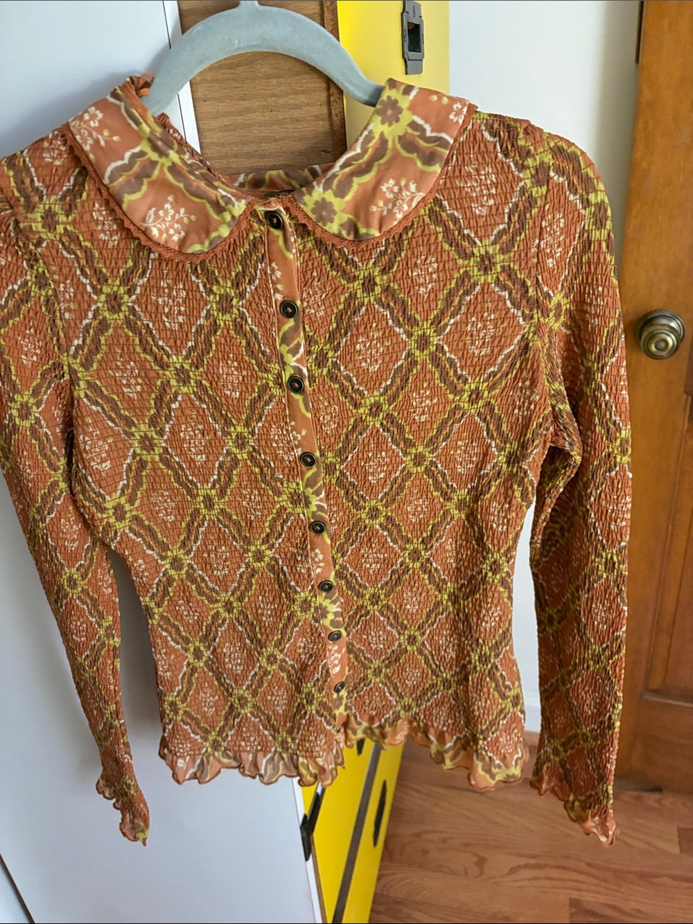 Free People Orange Patterned Smocked Button-Down Top with Peter Pan Collar